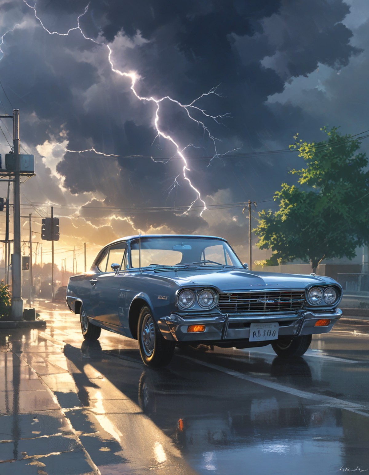 (lightning storm), Vintage car, polished, Chrome gleaming in morning light, Era's moving art, by artist Makoto Shinkai